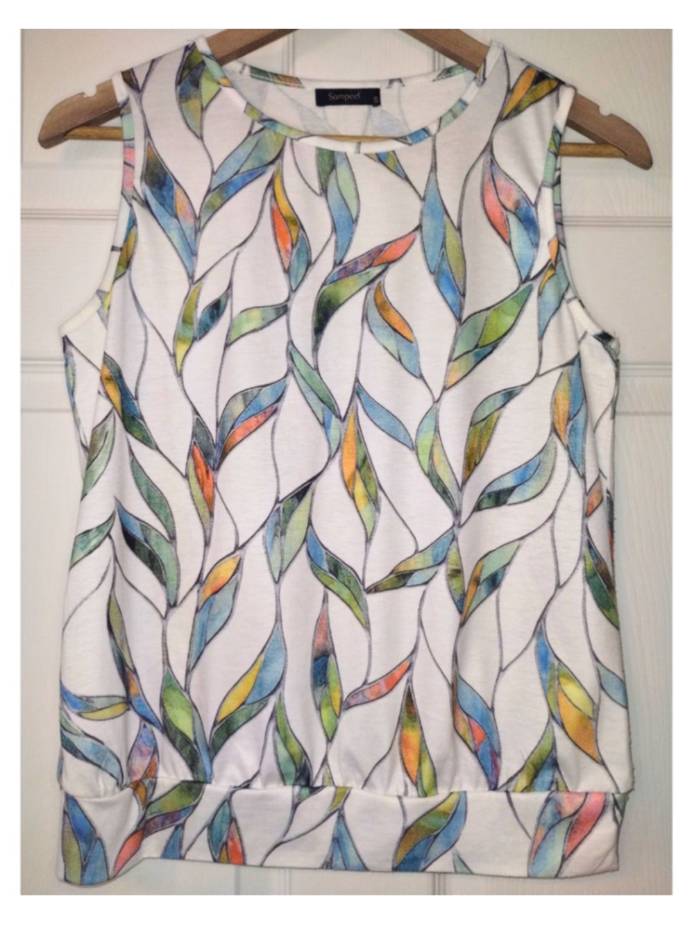 Women's Sampeel Tank Top White Multi-color Leaf Print Sleeveless (Size S)